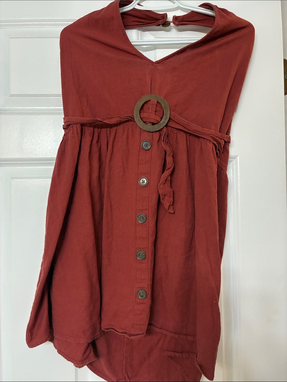 Rust Red Halter Button-Front  with Wooden Ring